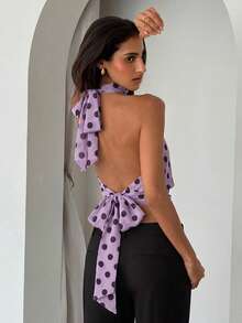 Aloruh Women's Elegant Sexy Round Neck Tie-Up Halter Purple Polka Dot Print Top Night Out Summer - Lilac Purple - View 2