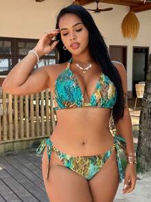 Swim Vcay 2026 New Summer Vacation Wild Plus Size Women's Snake Print Halter Bikini Set With Cover Up Skirt Teal Beach Sexy - Multicolor - View 4