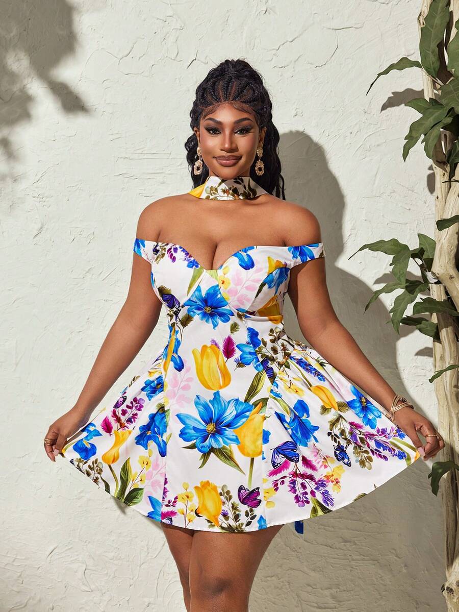 Maweii Plus Size Summer Elegant Floral All-Over Print Off-Shoulder Dress - Multicolor - View 1