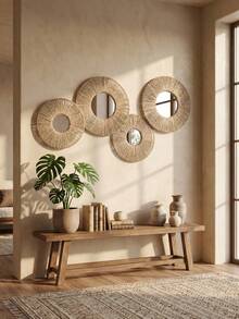 1 pieza Espejo redondo T para baño, Espejos T con marco de madera, espejo circular estilo bohemio para guardería, espejo de baño, espejo redondo, espejo de entrada, espejo bohemio, espejo sol, decoración de pared espejo para dormitorio, sala de estar, entrada, espejo de pared rústico circular de granja, espejo rústico costero circular para decoración de baño - Multicolor - Ver 2