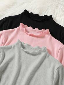 SHEIN 少女套裝 3件組 簡約休閒舒適高領長袖T恤套裝 - 彩色 - 查看 5