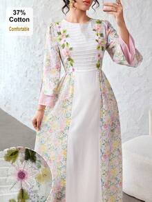 SHEIN Najma Đầm xòe bằng chiffon phối họa tiết hoa trang nhã, màu trơn, viền ren ở eo, khóa kéo, tay lỡ 3/4, chất liệu vải patchwork, dành cho nữ. - Nhiều màu - Xem 5
