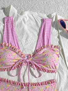 Swim Mod Girls Sweet 2pcs Floral Random Print Wide Strap Tie Front Triangle Bikini Swimsuit Set - Multicolor - View 3