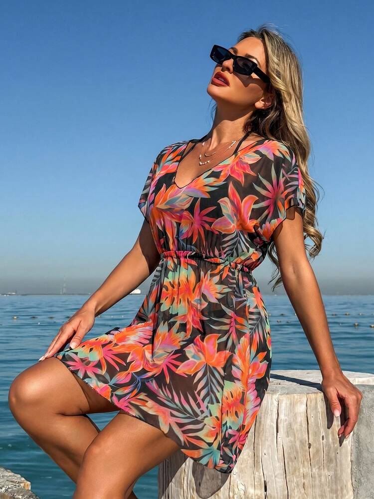 Swim Mod Vestido de cobertura de manga corta con estampado de plantas tropicales para mujer - Multicolor - Añade 5