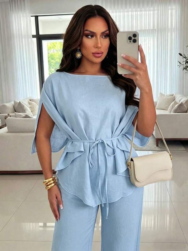 Xyvia Women's Fashion Round Neck Oversized Sleeve Slit Asymmetrical Hem Elegant Romantic Casual Daily Commute Dinner Two Pieces Outfit, Spring/Summer