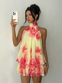 Elegant Women's Mini Dress With Halter Neck And Bow In Light Yellow - Cherry Red - View 4