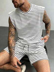 Manfinity Homme Men's Striped Versatile Crew Neck Tank Top And Pocket Drawstring Waist Casual Shorts Set - Multicolor - View 1