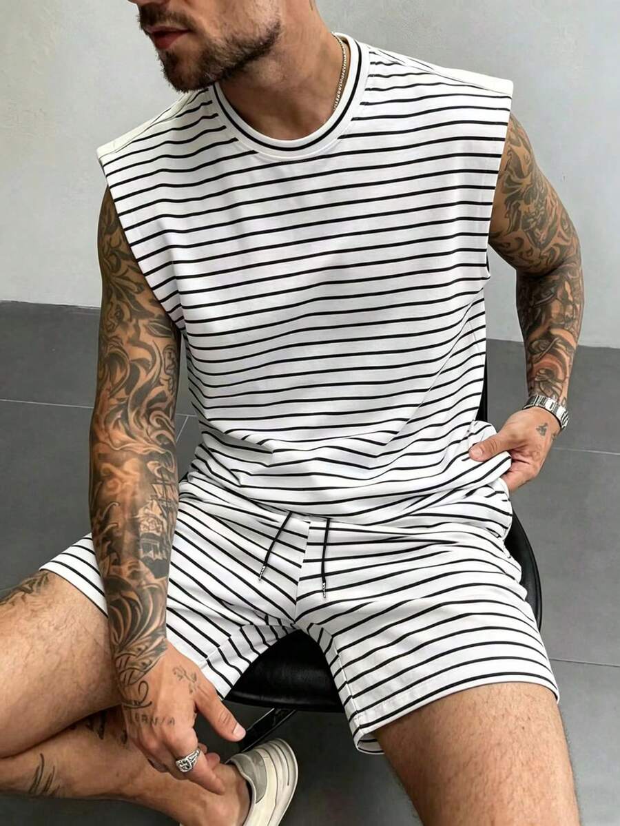 Manfinity Homme Men's Striped Versatile Crew Neck Tank Top And Pocket Drawstring Waist Casual Shorts Set - Multicolor - View 1