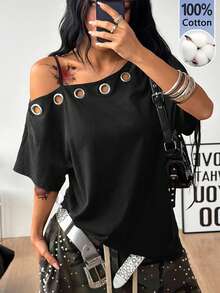 Coolane 女款秋季街頭風 Y2K 骷髏圖案萬聖節出遊寬鬆黑色 T-shirt - 黑色 - 查看 7
