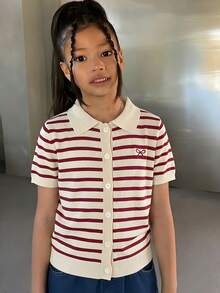 Dazy Kids Áo dệt kim tay ngắn cài cúc phía trước, kẻ sọc, thêu nơ, kiểu dáng thường ngày cho bé gái tuổi teen, thích hợp mặc mùa hè. - Màu Đỏ Sâu - Xem 5