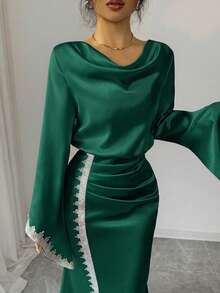 Modelyn 優雅長款杏色女裝洋裝，蕾絲袖口拼接設計，適合戶外穿著 - 墨綠色 - 查看 3