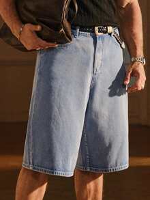 SIGLOCORE Men's Fashion Streetwear Pocket Button Denim Shorts - Blue - View 4