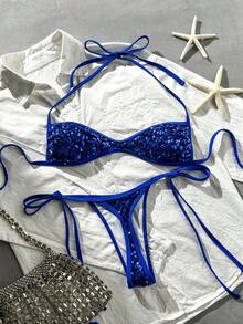 Costavie 2pcs Spring/Summer Beach Vacation Sequin Textured Fabric Halter Bandeau Top & Side Tie Thong Bikini Set - Royal Blue - View 7