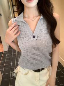 DAZY 素色 Polo 領無袖背心休閒春夏季女款針織上衣 - 灰色 - View 6