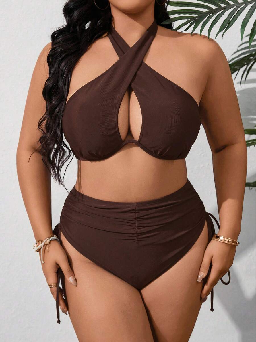 Swim SXY Plus Size Women 2-Piece Solid Color Underwire High Waist Triangle Bikini Set, Ruched Fashion Casual Swimsuit - Brown - View 1
