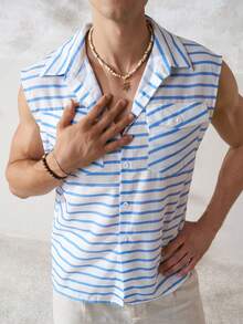 TONEVAULT Men's Summer Casual Tropical Linen-Like Sleeveless Shirt Vacation Blue And White Stripe - Blue - View 6
