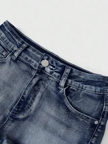 ROMWE Avant Women's Y2K Retro Wing Skull Embroidered Ultra Short Denim Shorts - Blue - View 3