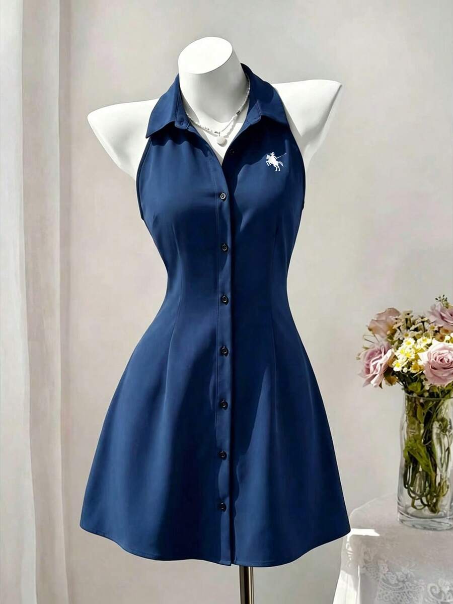 Sweetra Sexy Collar Sleeveless Bodycon Dress, Summer Women's Slim Fit Casual Sundress Suitable For Dating, Vacation - Navy Blue - View 1