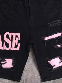 GENIUS ODE 男士時尚街頭風拼接做舊口袋鈕扣牛仔短褲，黑色與粉色，夏季城市度假風格 - 黑色 - 查看 3