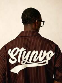 STYNVO Men's Striped Print Letter Embroidery Shirt, Ceremony - Brown - View 4
