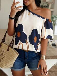 Louniche Off-Shoulder Floral Print Top, Beige & Navy Color Block Casual Blouse For Daily & Vacation - Multicolor - View 2