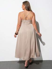 Maija Plus Size Champagne Cowl Neck Spaghetti Strap Metal Buckle Fitted Flared Satin Sateen Slip Dress, Modern Vacation Casual Low-Key Old Money Style Luxury Cruise Wear, Middle East Minimalist Quiet Luxury Textured Essential Outfit, Fashion Business Casual Urban Women's Office Wear, City Commute High Quality Airport Outfit, All Season Versatile Vacation Clothing - Apricot - View 7