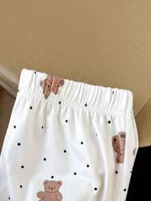 SHEIN Dozemod Kids Tween Girl Simple Floral Pattern Ribbon Bow Lace Trim Camisole Top And Shorts Black And White Polka Dot Slim Fit Pajama Set 2pcs Sleeping - White - View 5