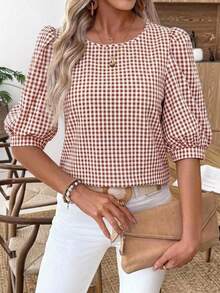 EMERY ROSE Women's Casual French Vacation Commute Plaid Print Lantern Sleeve Loose Blouse, Autumn, Top White And Burgundy - Multicolor - View 3