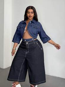 Jeanoix Y2K Plus Size Denim Jacket, Slim Fit Asymmetrical Cropped Jacket, Dark Blue Denim Jacket - Dark Wash - View 3