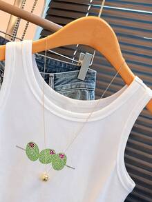 Rovax Olive Pattern Rhinestone Women's Tank Top Vacation Minimalist Fashion Short Cotton Vest - White - View 5