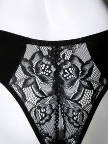 Seduluxe 1件女款蕾絲拼接舒適性感內褲 - 黑色 - 查看 11