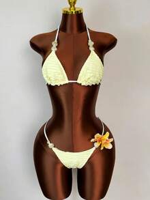 Zestiva Women's Bikini Set White Summer Casual Sexy Beach Golf Vacation Holiday Striped Fabric With Beads Floral Tropical Sweet Fashionable Swimming Suit - Yellow - View 8