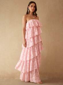 Silquee Elegant Romantic Pink Jacquard Dress With Multi-Layered Asymmetrical Ruffled Hem. Suitable For Party Vacation Wedding Dresses And Graduation Summer - Pink - View 5