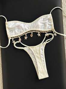 Swim Mod Set Baju Renang Bikini Putih Bertekstur Seksi untuk Liburan Pantai Wanita, Set Bikini Mikro Dua Potong Motif Kerang dan Bintang Laut dengan Rumbai, Bawahan Segitiga Potongan Tinggi - Putih - View 2