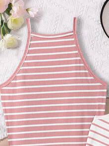 SHEIN Sparklyn Tween Girl' 条纹休闲无袖连衣裙套装 - 粉色 - 查看 5