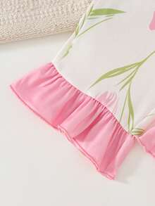 Set Pakaian Santai Bayi Perempuan Kasual Lucu Rajut Motif Bunga Warna Blok Lengan Panjang Atasan dan Celana - Baby Pink - View 4