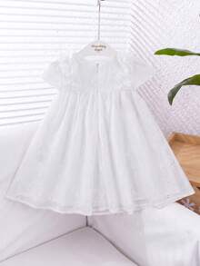 Baby Girl Summer Cute Solid Color Embroidered Hollow Pattern Ruffle Sleeveless Dress - White - View 2