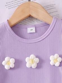 Genkimix Kids 2pcs/Set Young Girls Textured Tee With 3D Floral Decor & Casual Long Pants, Suitable For And Casual Outings - Purple - View 4
