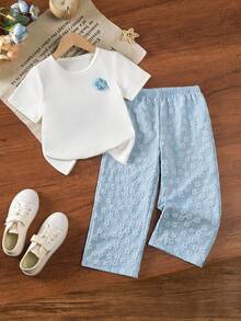 SHEIN Playful Pals 2件組少女可愛時尚Y2K 3D花朵軟綿短袖上衣褲套裝 夏季海灘日常穿搭服飾 - 彩色 - 查看 9