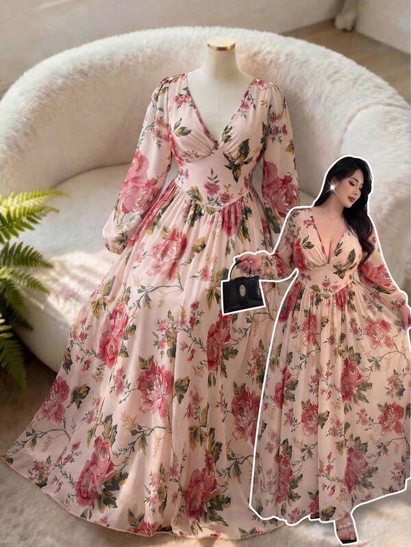 Vibekara Vestido maxi elegante, vintage y casual de mujer talla grande con cuello en V, halter, lazo y estampado floral de gasa fluida