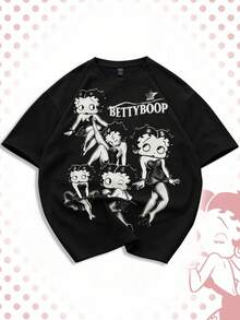 ROMWE MEN Betty Boop | ROMWE Men's Letter Cartoon Print Crew Neck Short Sleeve Casual Versatile T-Shirt - Black - View 5