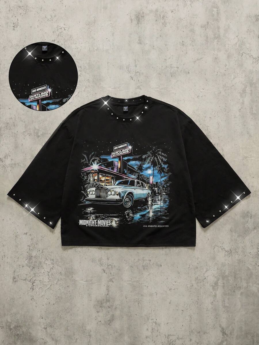 ROMWE MEN Kaos Pria Lengan 3/4 dengan Hiasan Rivet dan Motif Cetak - Hitam - View 1