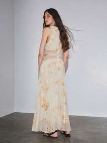 MOTF PREMIUM VACATION LACE PATCHWORK SLEEVELESS PRINTED WAIST PLEATED DRESS, SPRING/SUMMER - Apricot - View 4