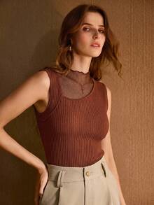 MOTF PREMIUM MESH PATCHWORK RIBBED KNIT TANK TOP - Coral Orange - View 4