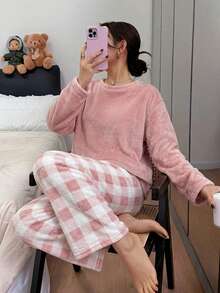 DAZY Women's Solid Color Round Neck Long Sleeve Top And Plaid Long Pants Pajama Set - Pink - View 1