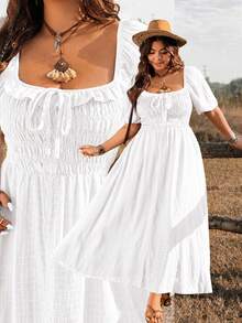 Ceyna Plus Size Solid Color Vacation Minimalist Cottage Core 1960s Boho Textured Fabric Sheer Ruffle Hem Women's Dress White Summer Tea Party - White - View 1