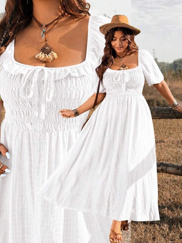 Ceyna Vestido de mujer talla grande de color liso para vacaciones, minimalista, de tela texturizada, transparente con volantes en el bajo