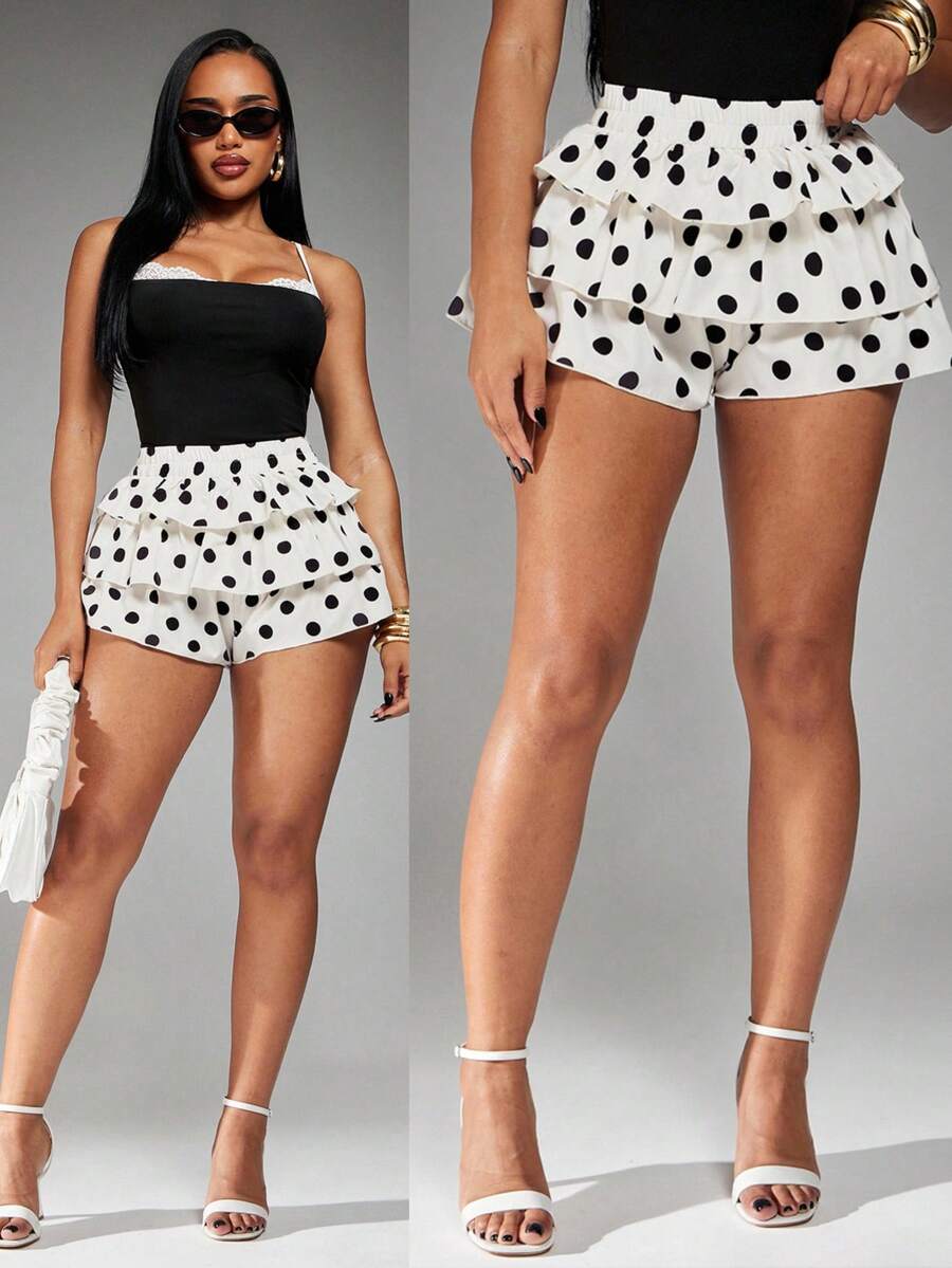 Radiana Summer Casual Cute White And Black Polka Dot Print Ruffle Trim Layered Shorts Holiday Holiday Vacation - Multicolor - View 1