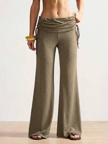 Bohemela Celana Panjang Wanita Kasual Warna Polos Model Fitted Flare Leg (Celana Panjang Pas Badan dengan Kaki Mengembang) - Khaki - View 4