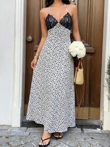 Vestido largo con estampado de lunares negros, encaje, escote en V, cuello halter, espalda descubierta, cintura con lazo, para mujer, primavera/verano, elegante, vacaciones - Blanco - Ver 4